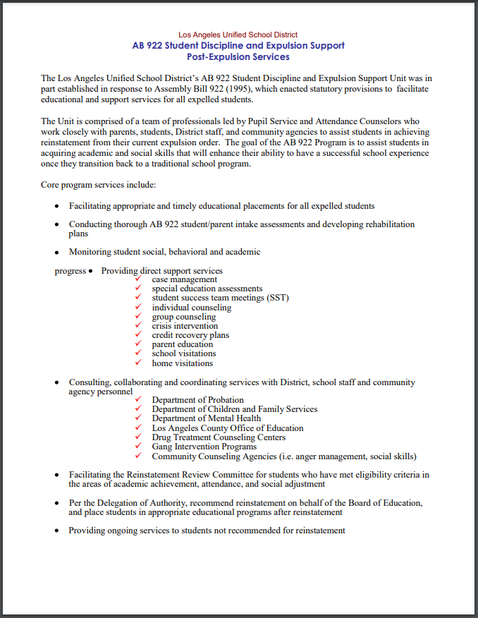 Post-Expulsion Student Services - Handout